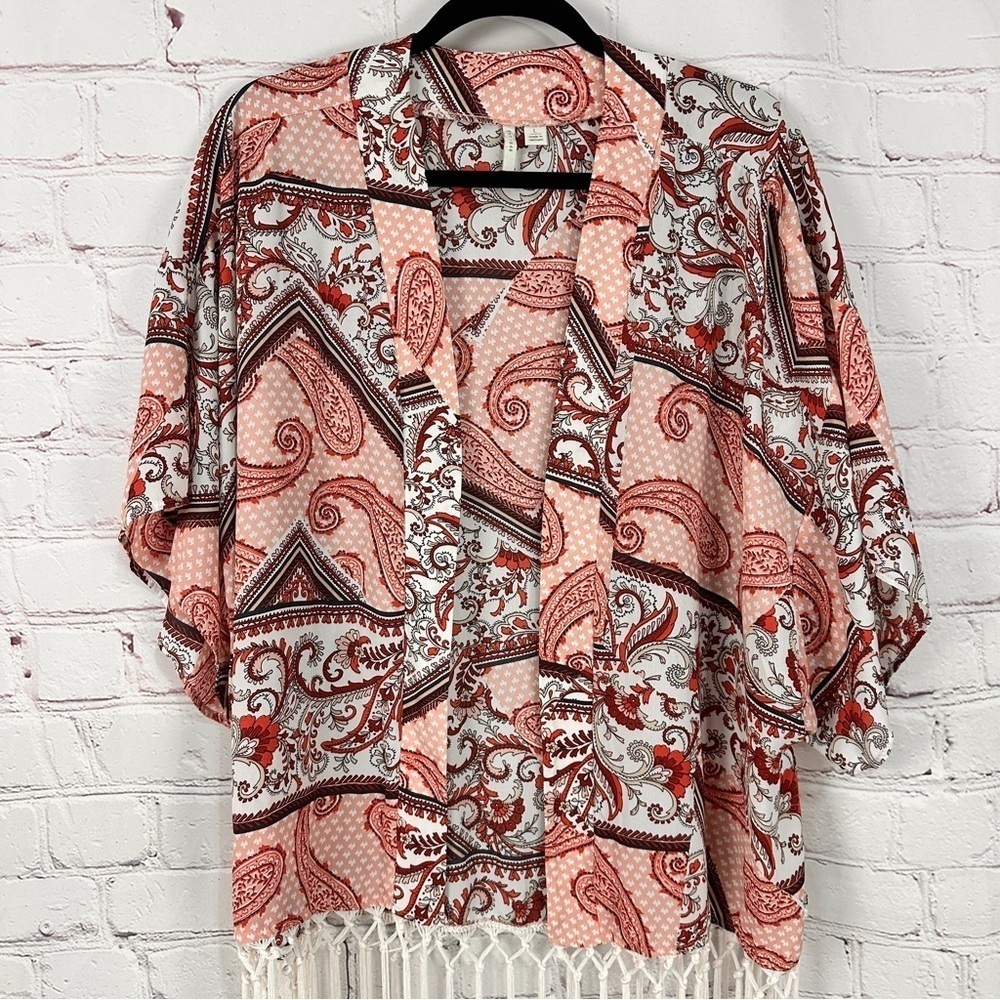 Multicolored Relaxed Boxy Blouse kimono open front cardigan Fringe size large